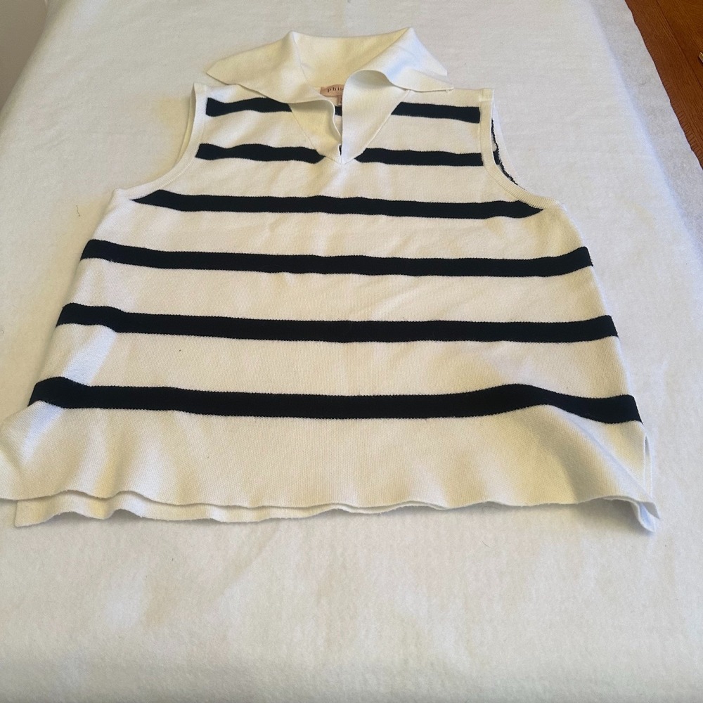 Philosophy Striped Sleeveless Top XL Womens Black White Polo Knit Vest Collar